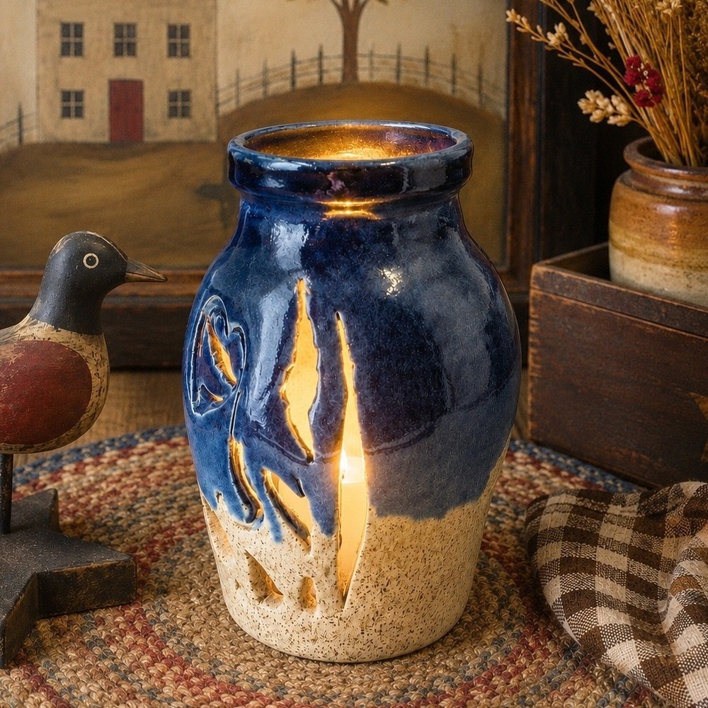 Lufkin Pottery Seagrove NC Witness Crock 2013 Blue Heart Cutout Studio Pottery